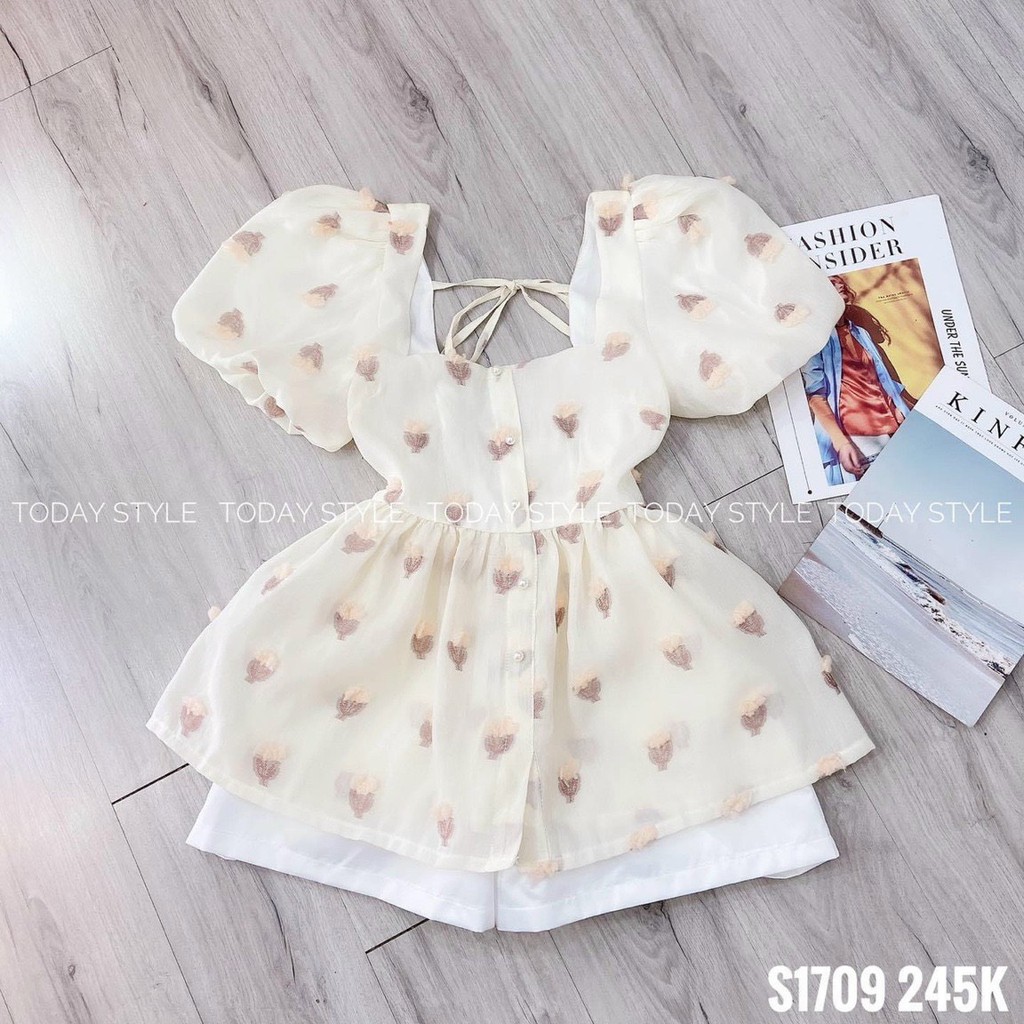 sét áo tay phồng cổ vuông dáng xòe quần đùi siêu dễ thương KL059