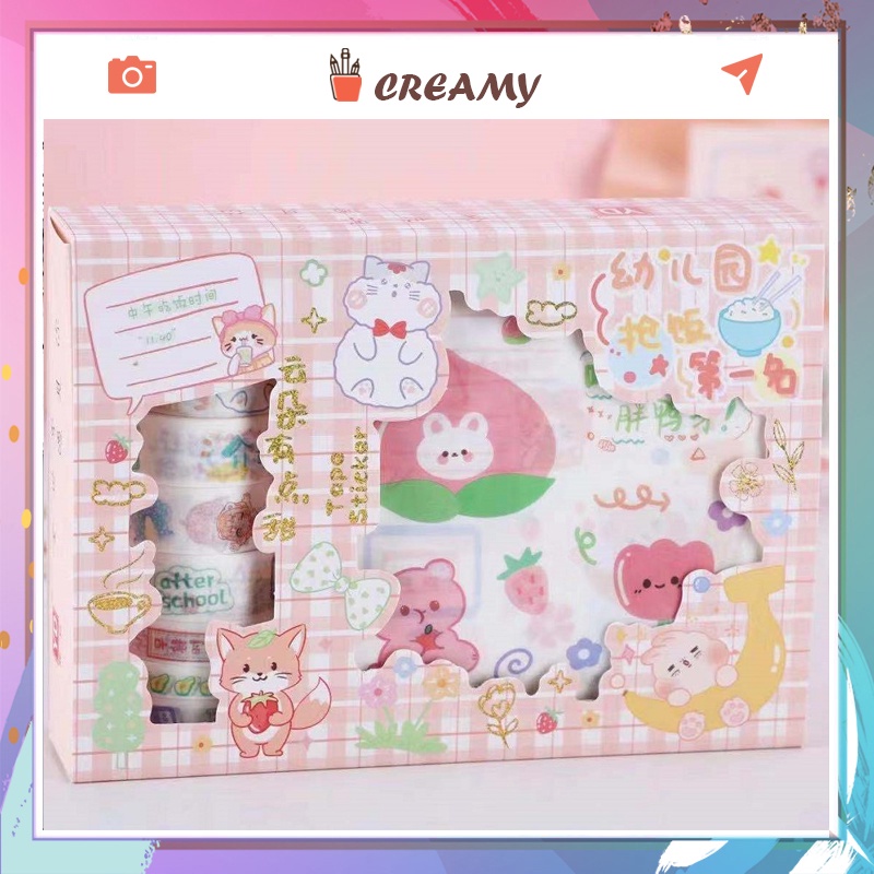 Hộp 10 tấm sticker + 7 cuộn washi tape nhiều hình cute dễ thương, băng dính washi tape CREAMY WST146