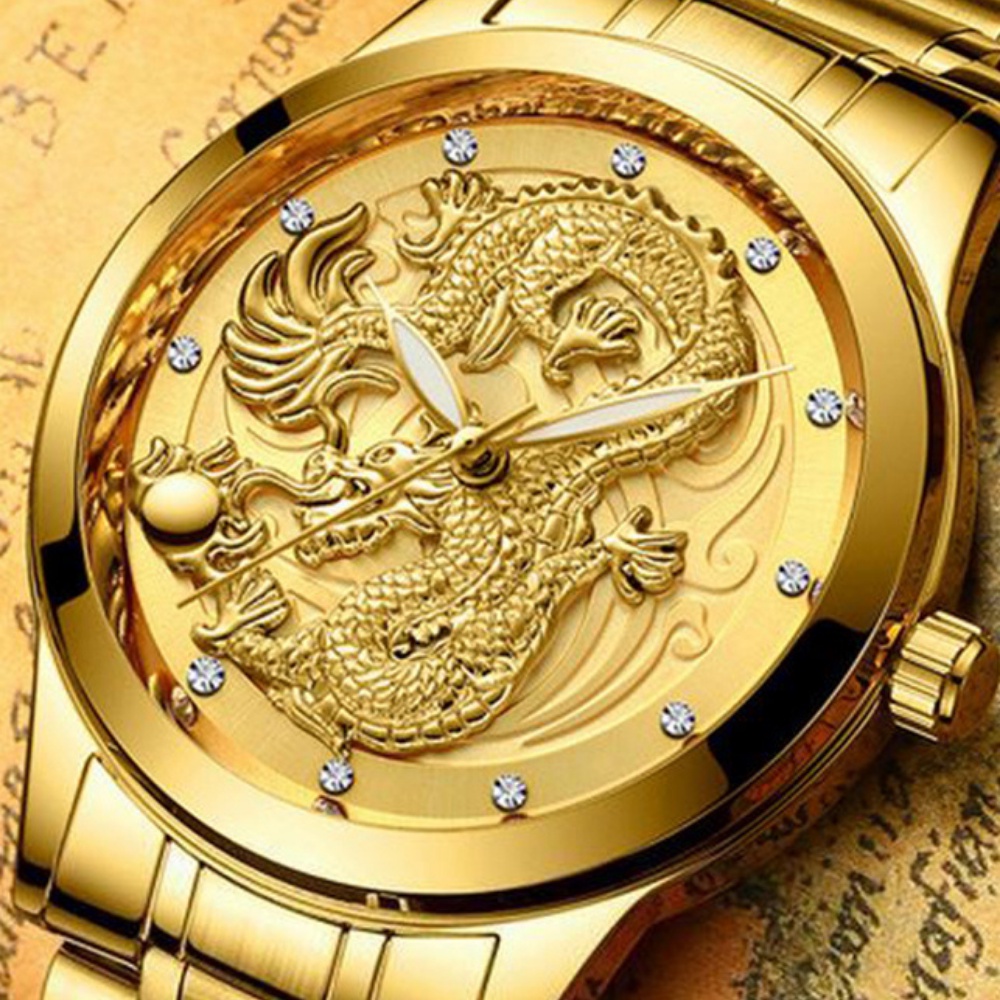 Đồng hồ nam mặt rồng vàng TẶNG vòng tay tùy hưu may mắn full hộp - Bảo hành 1 năm