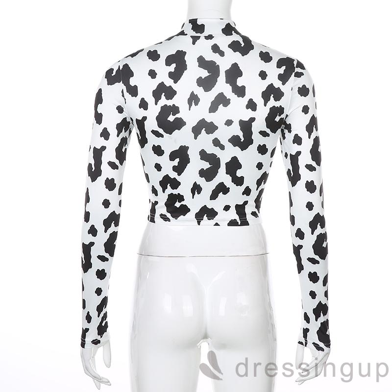 DRESSINGUP-Áo croptop tay dài cổ lọ họa tiết bò sữa gợi cảm cho nữ