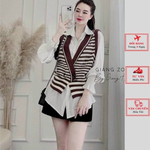 Áo gile len nữ sọc kẻ ngang đen nâu mùa thu đông ulzzang hàn quốc phong cách thể thao năng động