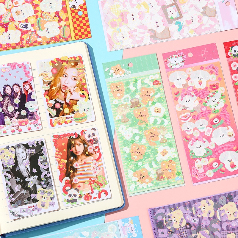 Zanmo tấm hình dán sticker cún mèo gà gấu thỏ laser kim tuyến decor toploader