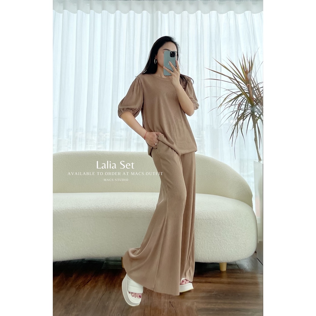 Set bộ cotton li gân suông rộng, áo tay bồng, quần loe hack dáng che khuyết điểm tốt, MACS LALIA SET