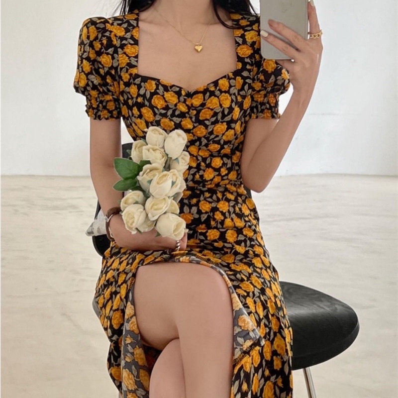 Đầm hoa tay phồng thời trang Pháp quý phái
