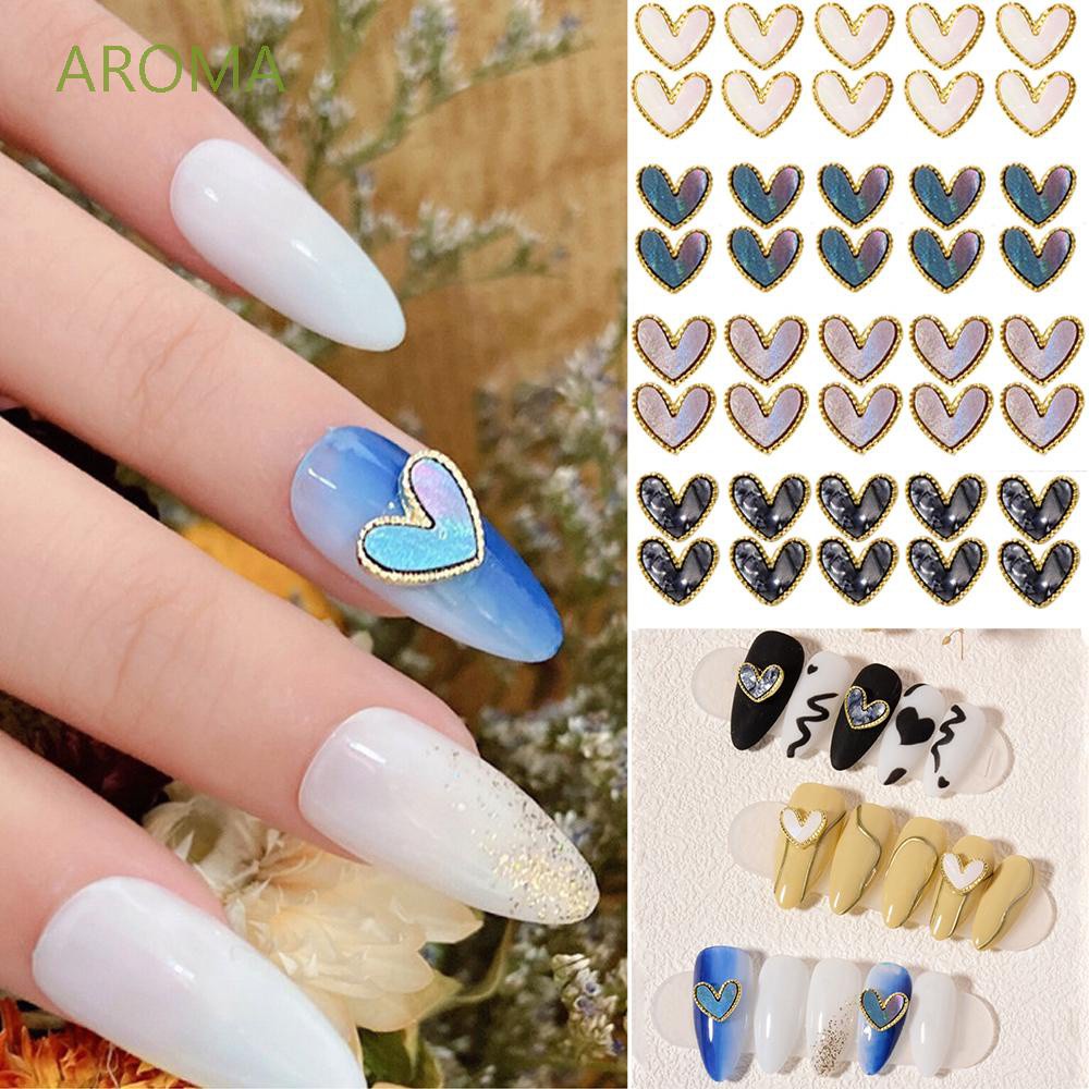 [Hàng mới về] Bộ 10 phụ kiện trang trí móng tay hình trái tim 3D bằng hợp kim lấp lánh nhiều màu tùy chọn