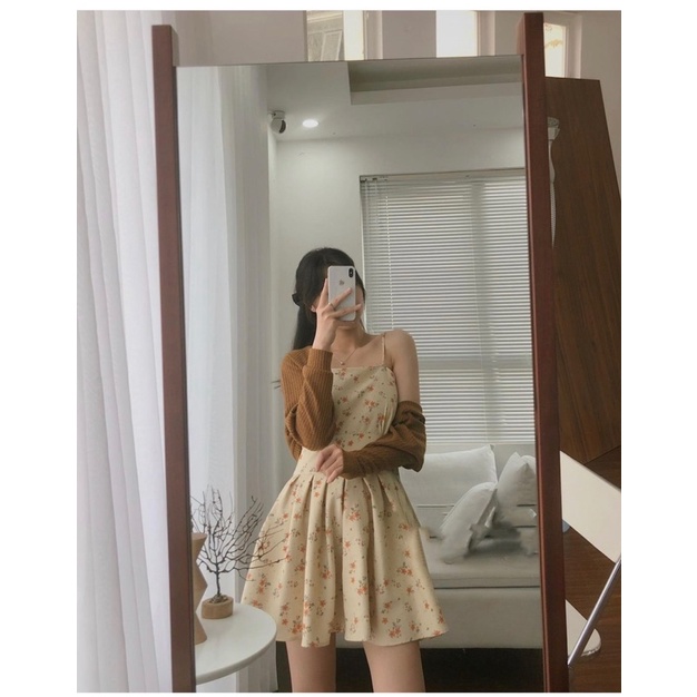 SET ĐẦM HOA KEM 2 DÂY + ÁO KHOÁC NÂU