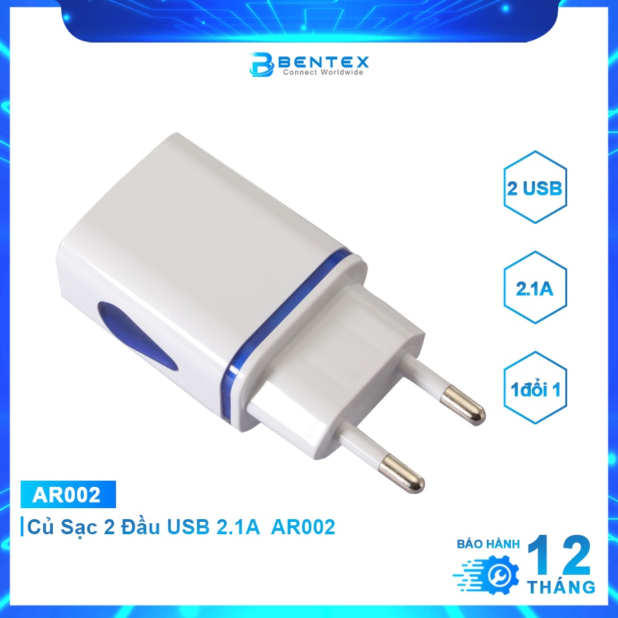 Củ Sạc 2 Đầu USB 2.1A  AR002 Tiện Lợi Tiêu Chuẩn Châu Âu Cho Mọi Điện Thoại, Note, Pad,...Bảo Hành Chính Hãng - BENTEX