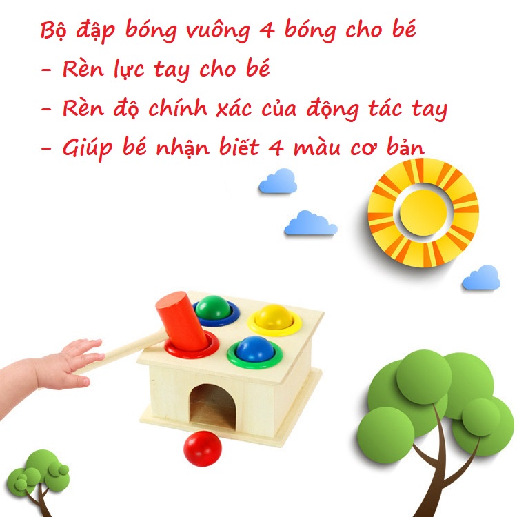 Đồ chơi đập bóng bằng gỗ cho bé KB216027, Bộ đập bóng hình vuông 4 bóng búa gỗ