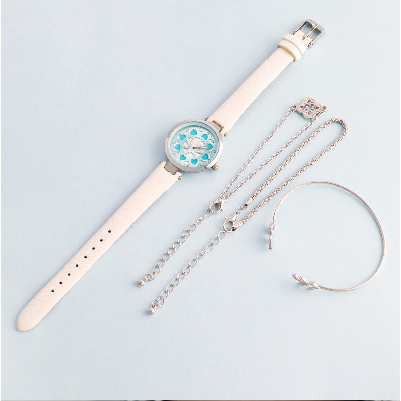 Đồng hồ đeo tay nữ cao cấp Bộ trang sức quà tặng Blue Love Heart Lãng mạn Đồng hồ đeo tay nữ Đồng hồ đeo tay
