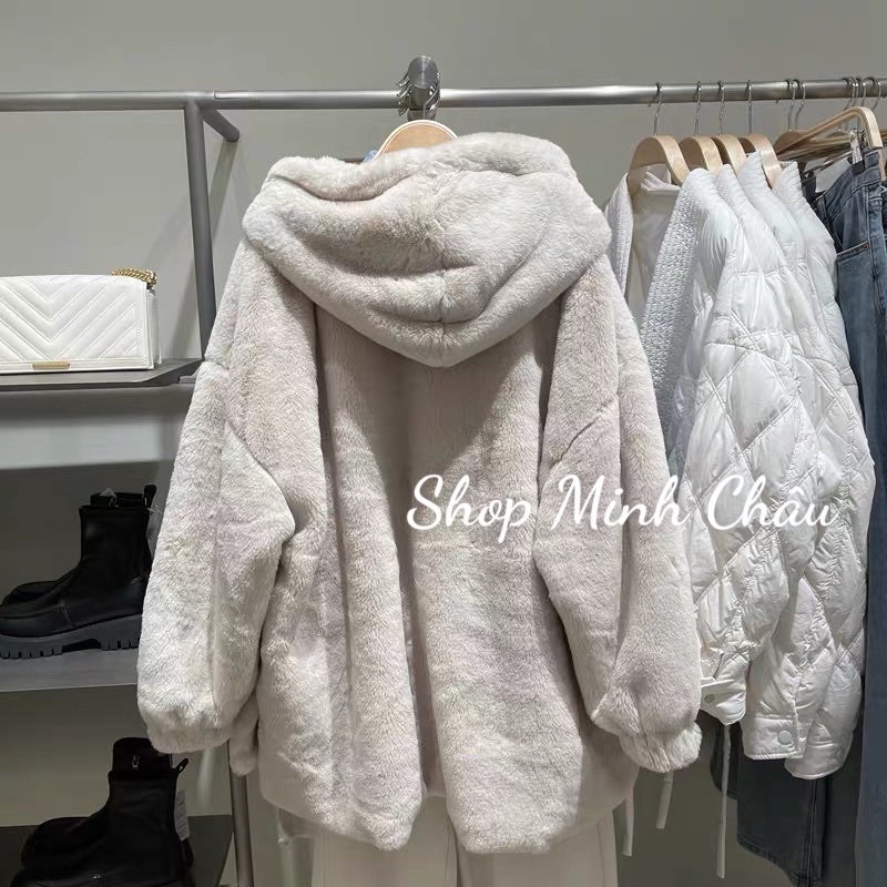 Áo khoác lông mũ trắng tuồn sịn