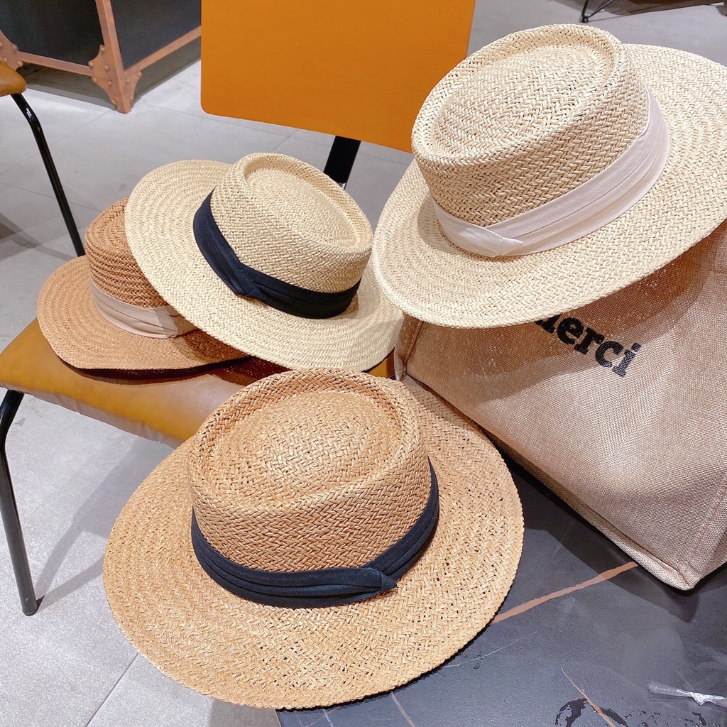 Mũ cói nữ đi biển thắt ruy băng vintage không gây ngứa đầu cực sang chảnh Ròm House mũ cói phong cách Hàn quốc cao cấp