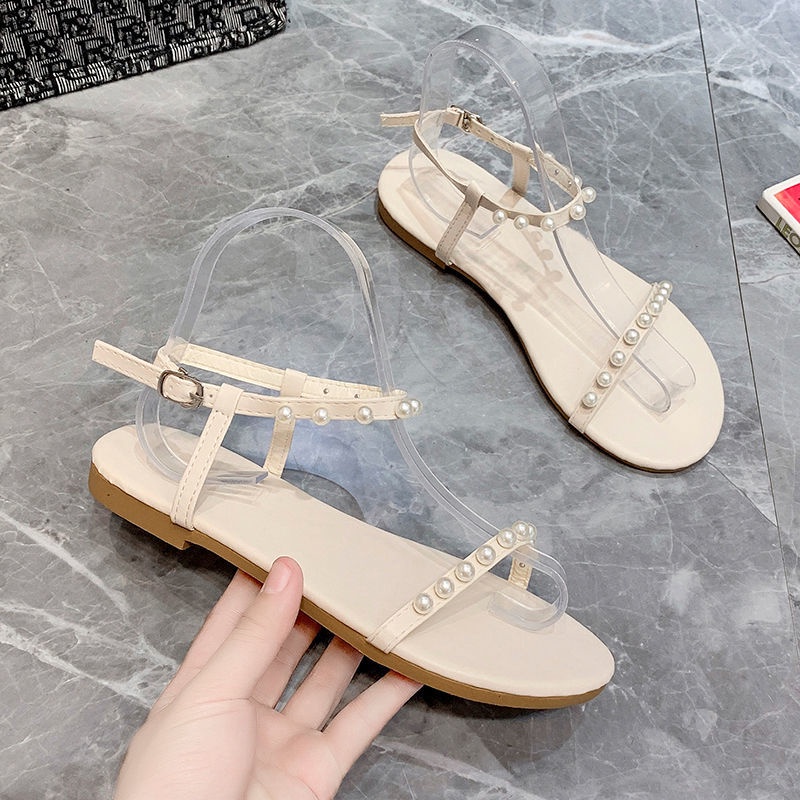 Giày sandal đế bệt hở ngón đính ngọc trai nhân tạo phong cách Hàn Quốc thời trang mùa hè 2021