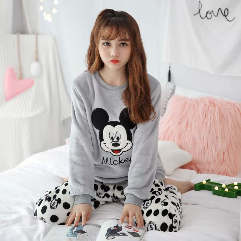 ĐN006 - Bộ ngủ lông giữ ấm tay dài quần dài hoạt hình dễ thương