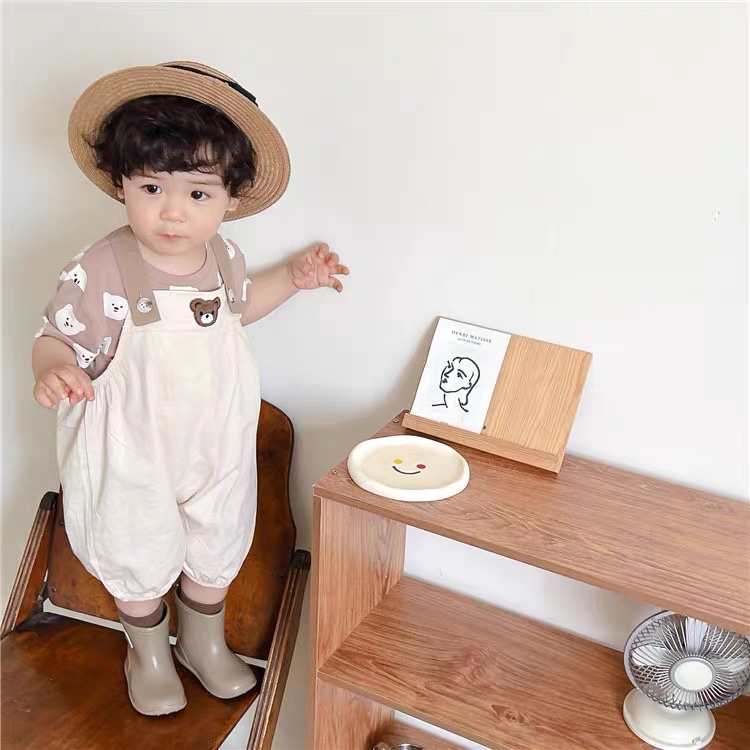 Bộ Áo Thun Liền Quần Tay Ngắn In Hình Gấu Dễ Thương + 1 Jumpsuit Vải Cotton Thời Trang Mùa Hè Phong Cách Hàn Quốc Cho Bé Trai