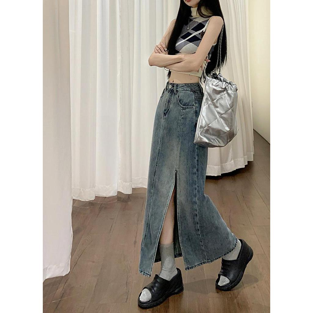 Chân Váy Denim Dài Dáng Chữ A Lưng Cao Xẻ Tà Thời Trang Mùa Hè Hàng Mới 62893