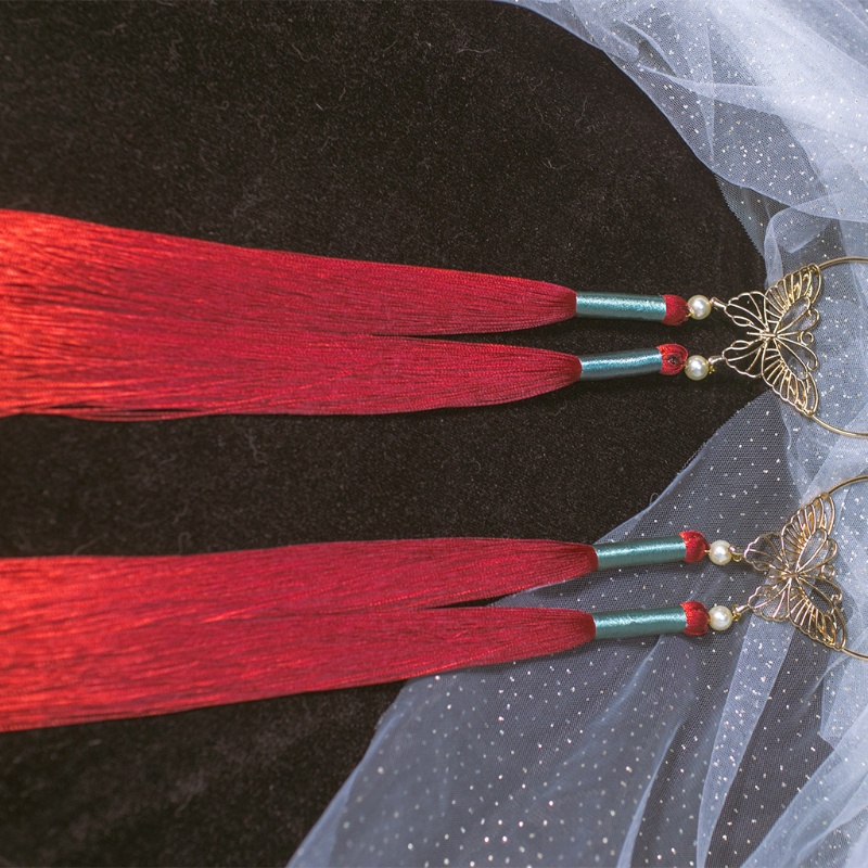 Dây Cột Tóc Hình Bướm Đính Ngọc Trai Tua Rua Phong Cách Cổ Điển