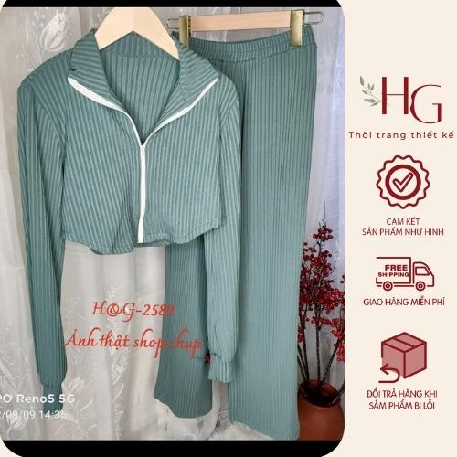 Set áo croptop quần ống suông, Set đồ thu đông chất len gân siêu tôn dáng QA1111