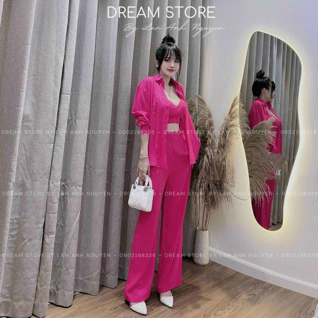 [9.9 Sales Freeship] Set bộ đũi 3 món đi biển, set áo sơ mi trơn tay dài nhiều màu sắc kèm áo bra + quần ống rộng dx