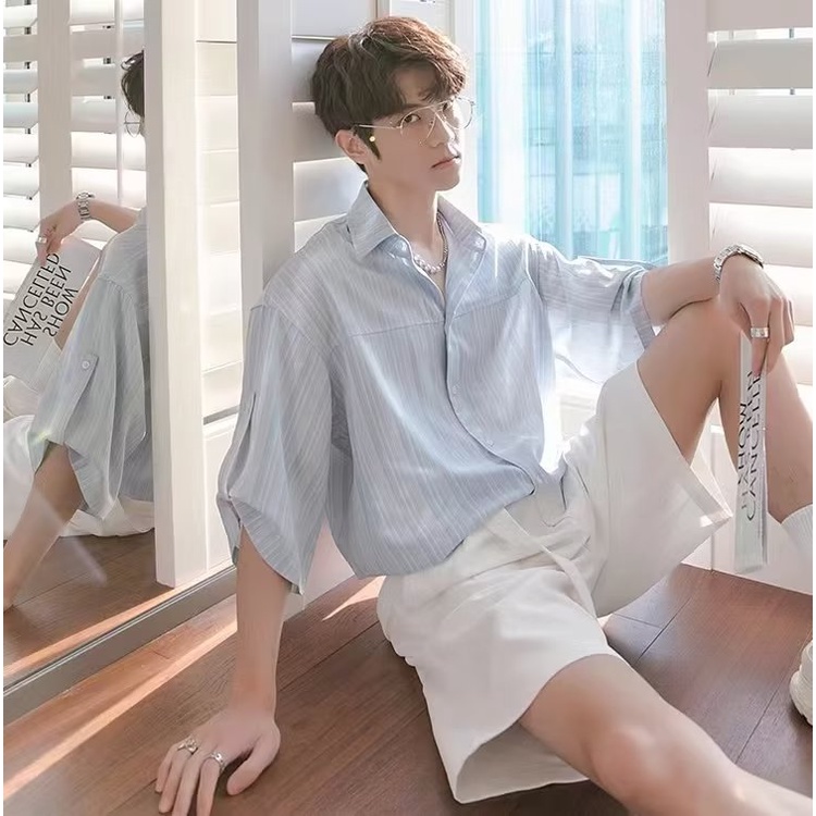 Áo Sơ Mi Tay Nam Ngắn Dáng Rộng Kẻ Sọc Thời Trang Hàn Quốc Trẻ Trung Cho fashion áo sơ mi unisex áo sơ mi nam form rộng