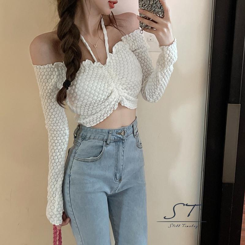 Áo croptop tay dài trễ vai màu sắc trẻ trung cho nữ