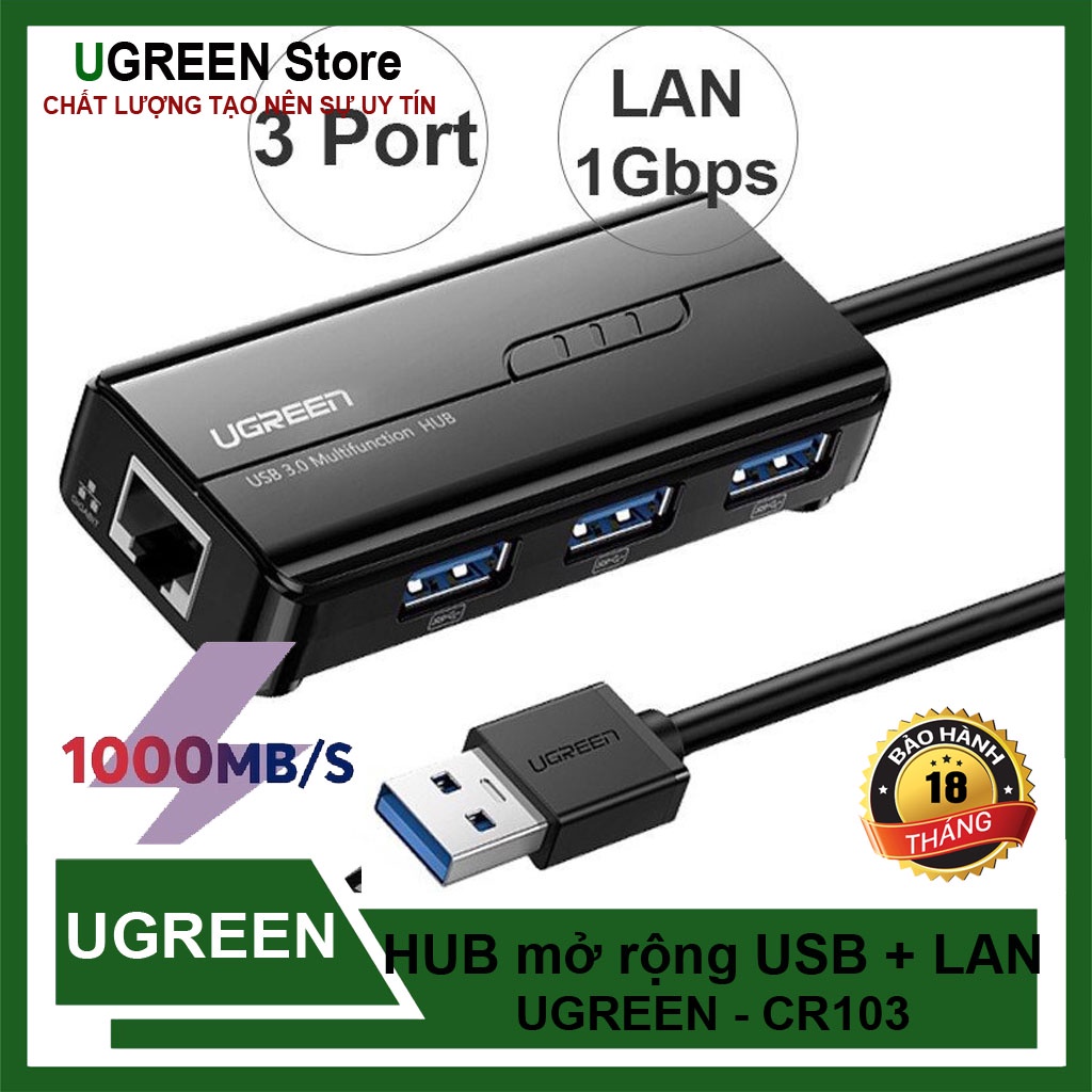 [Mã 155ELSALE giảm 7% đơn 300K] HUB USB 3.0 ra 3 Cổng USB Kèm Cổng Mạng LAN 10/100/1000 Mbps UGREEN CR103