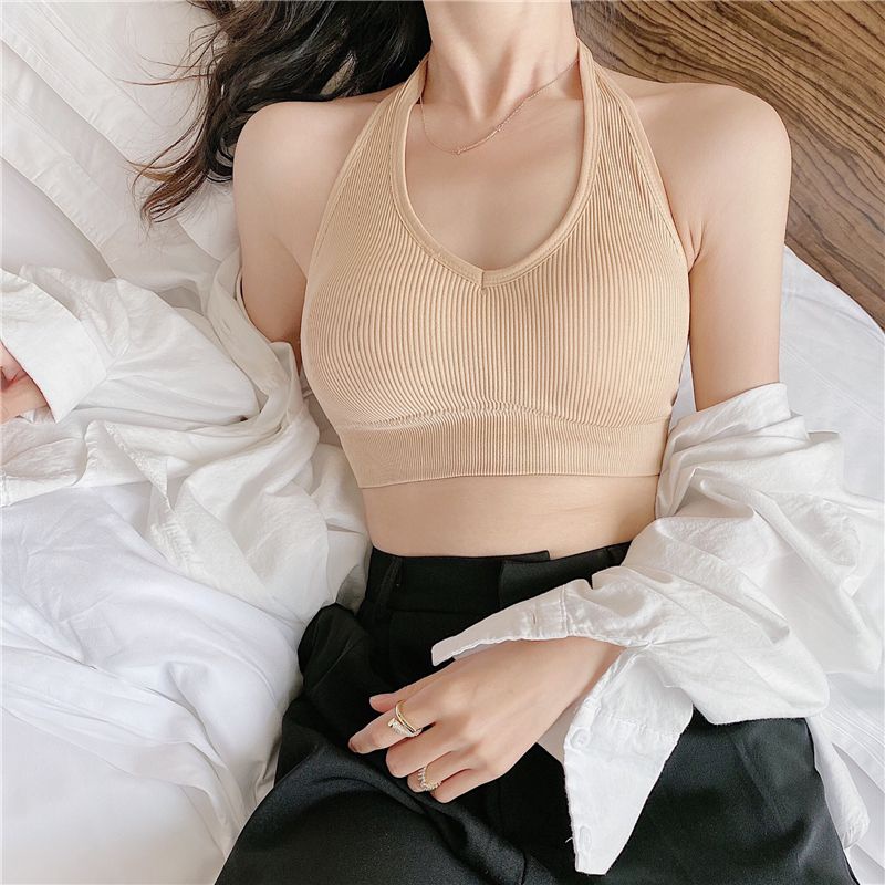 Áo Bra Cotton Tăm Cổ Yếm Chui Đầu Kèm Mút Dệm Ngực