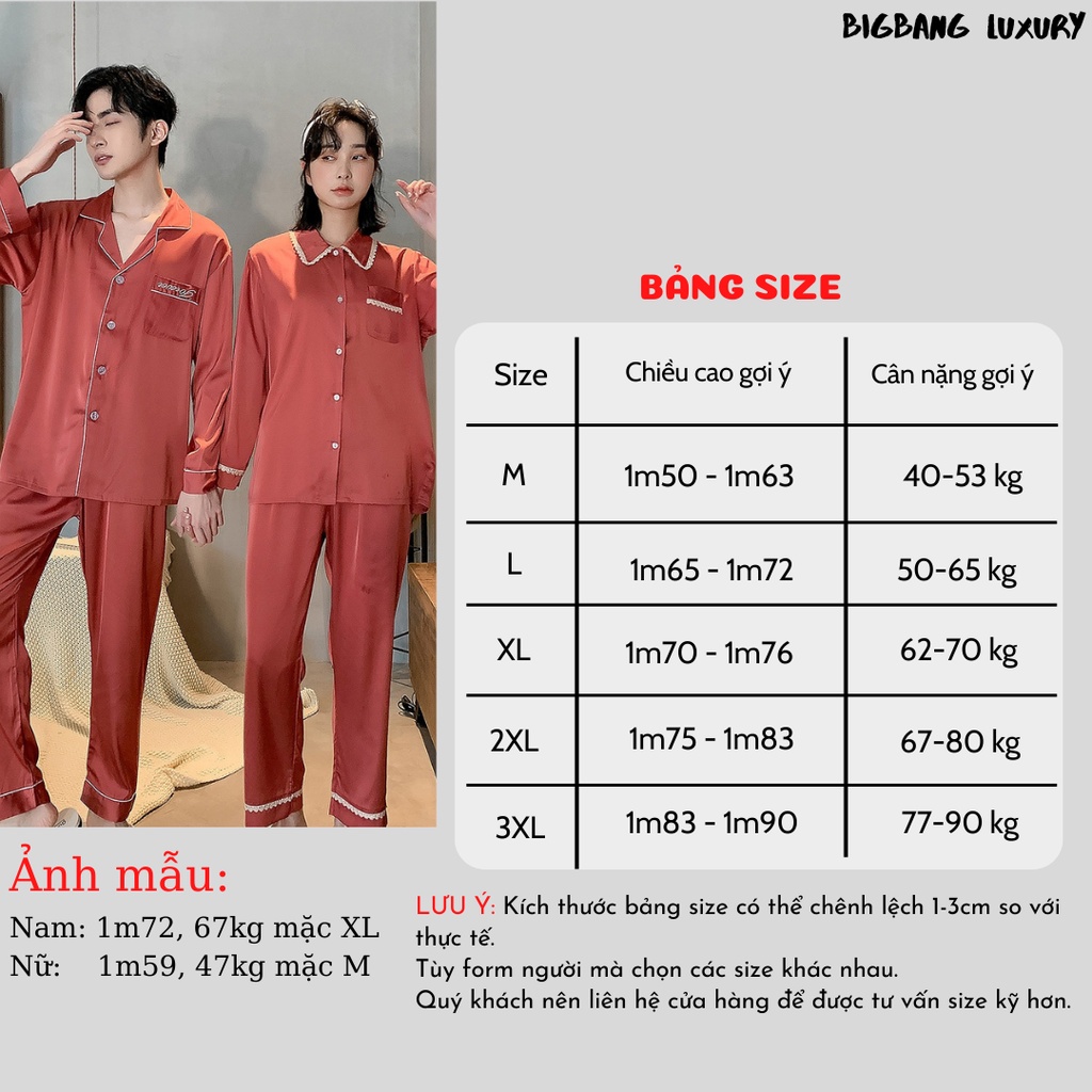 Đồ Ngủ Pijama Trơn Dài Tay Bigbang Luxury Mã 201 Đồ Mặc Nhà Nam Nữ Chất Vải Lụa Bóng