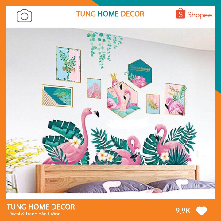 Decal dán tường hàn quốc trang trí phòng ngủ TUNG DECOR  Khung Hồng Hạc nhiều mẫu KT 60X90cm