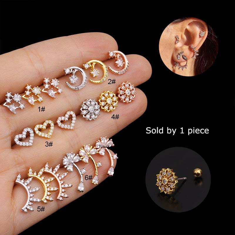 Khuyên Tai Hình Hoa / Trái Tim Bằng Thép Không Gỉ Dài 6mm