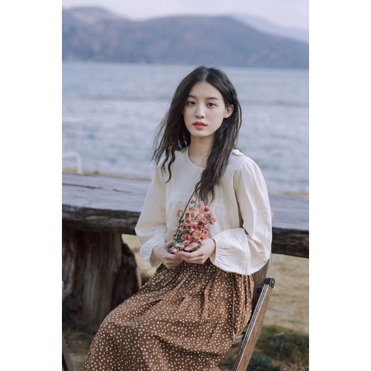 Chân váy xoè midi Vintage hoa nhí phong cách retro Hàn Quốc nữ sinh chữ A hoạ tiết bohochic xinh xắn