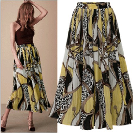 High Waist Chiffon Pleated Printed Plus Size A-line Midi Skirt