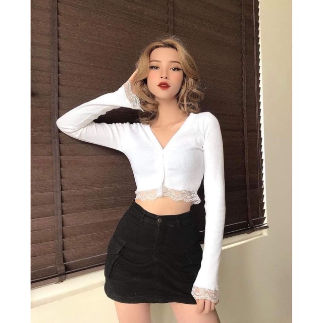 [Mã FASHIONT4WA2 giảm 10K đơn 50K] (Được mua 2 )Áo Croptop Len Tăm Phối Ren Điệu