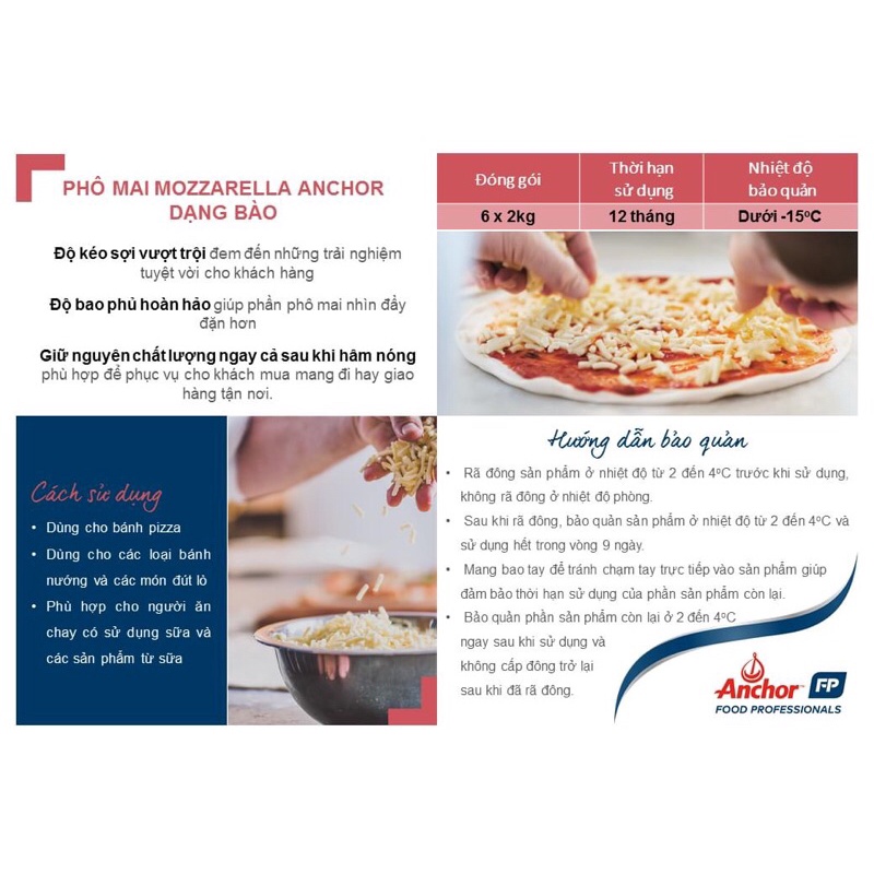Phô Mai Mozzarella Anchor Bào Sợi - Nguyên túi 2KG - DATE MỚI 2024