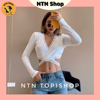 Áo Tay Dài ren chéo cột dây Croptop .
