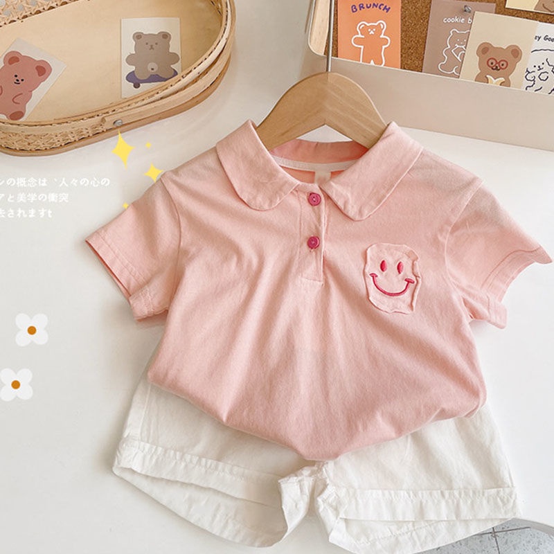 [Babycat] Hàng Có Sẵn Áo Thun POLO Cotton Mỏng Tay Ngắn In Hình Mặt Cười Màu Trơn Phong Cách Nhật Bản Hàn Quốc Thời Trang Mùa Hè Dành Cho Bé Trai Bé Gái
