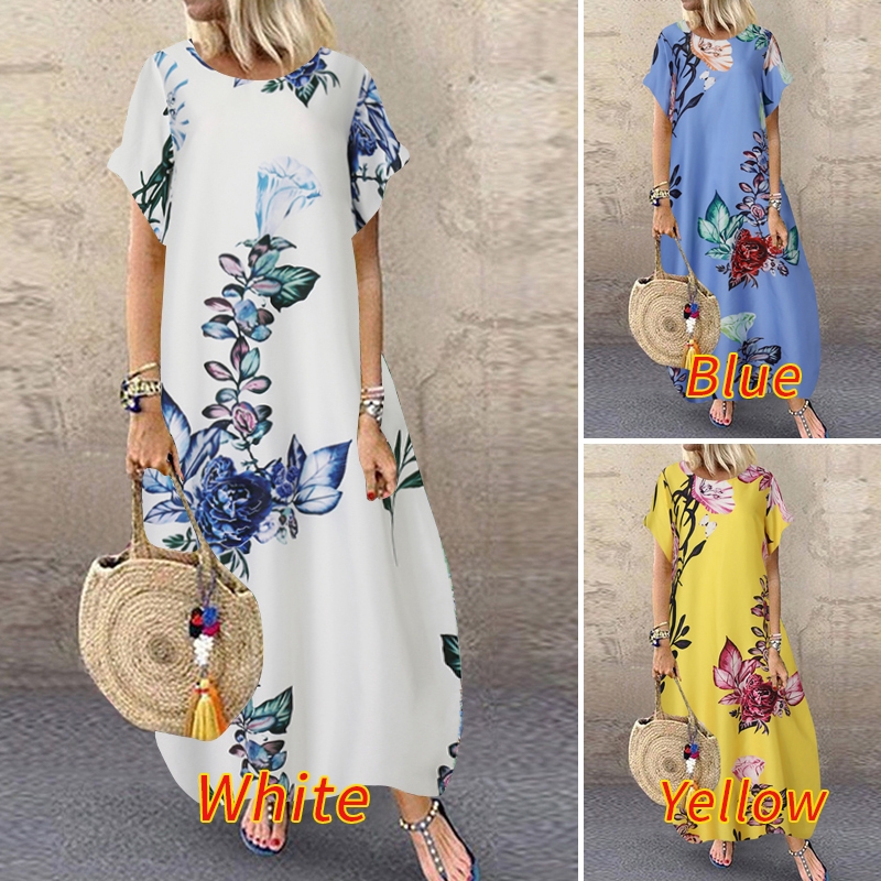 Đầm dáng dài ZANZEA tay ngắn in họa tiết phối túi thời trang cho nữ