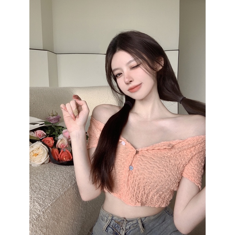 Áo Croptop Cổ Vuông Ngắn Tay Phong Cách Hàn Quốc Thời Trang Dành Cho Nữ