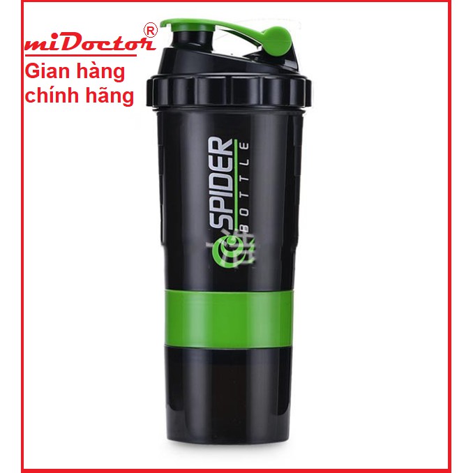 [Màu Trắng Đen] Bình Đựng Nước Tập Gym Sharker Spider 3 Ngăn - chính hãng miDoctor - Có Lò Xo Bên Trong