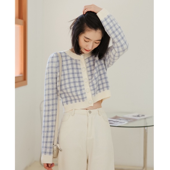 Áo khoác cardigan dệt kim tay dài cổ tròn họa tiết kẻ sọc thời trang cho nữ 46933