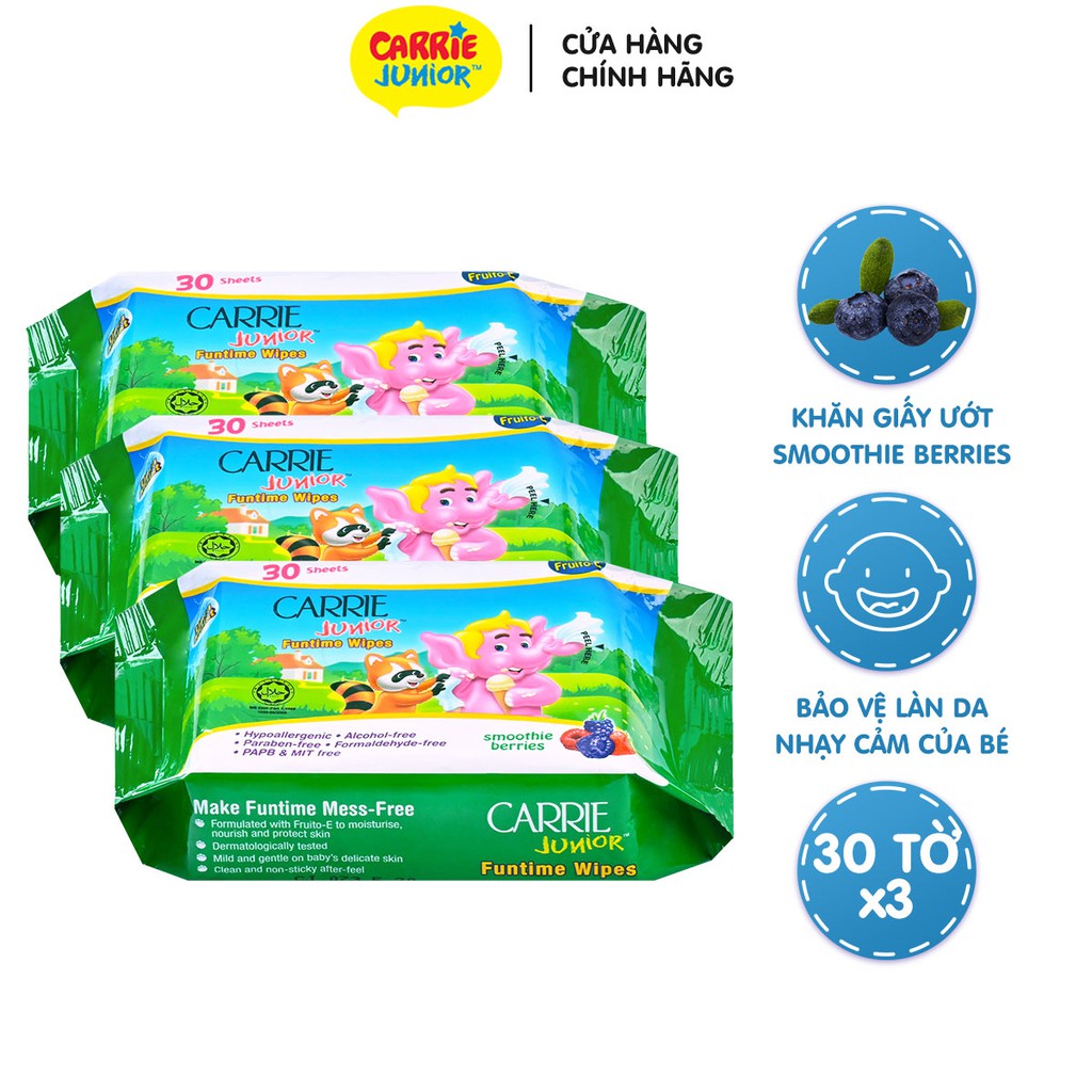 Combo 3 Gói Khăn Giấy Ướt Carrie Junior Funtime Smoothie Berries 30 tờ/ gói