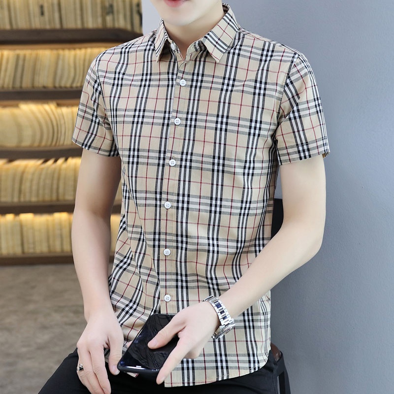 Áo Sơ Mi Cotton Tay Ngắn Họa Tiết Kẻ Sọc Màu Đen / Đỏ / Xanh Quân Đội Phong Cách Hàn Quốc Thời Trang Mùa Hè Cho Nam