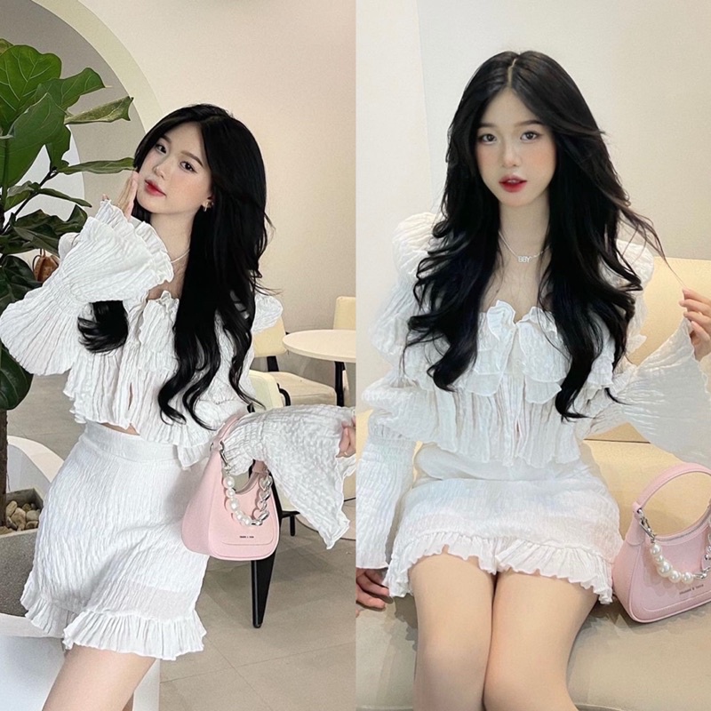 SET ÁO VÁY XỐP CỔ VUÔNG TAY PHỒNG