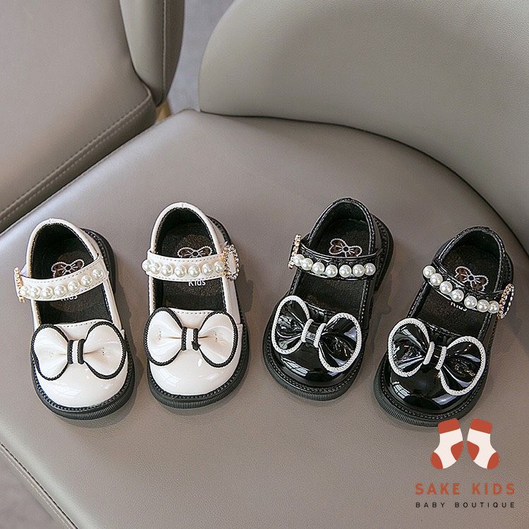 Giày búp bê tập đi bé gái - Giày bệt quai dán ngọc phối nơ dễ thương chất da PU mềm nhẹ mẫu mới nhất M304