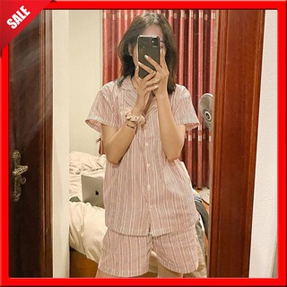Bộ đồ mặc nhà nữ pyjama thiết kế freemee kẻ đỏ chất thô lụa siêu nhẹ và mát