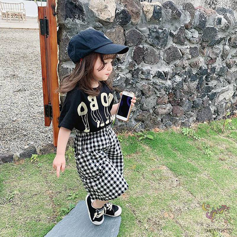 Set Áo Thun Tay Ngắn &amp; Quần Short Caro Cho Bé Gái