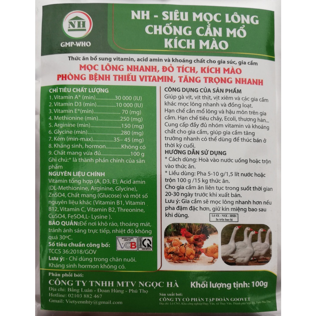 1 gói SIÊU MỌC LÔNG 100g CHỐNG CẮN MỔ, TĂNG TRỌNG NHANH chuyên dùng  cho gia cầm, gà chọi, gà đá, chim cảnh