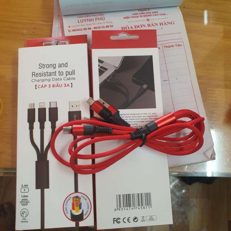 Cáp sạc dây dù 3 đầu +micro+type c dài 1 mét bao test