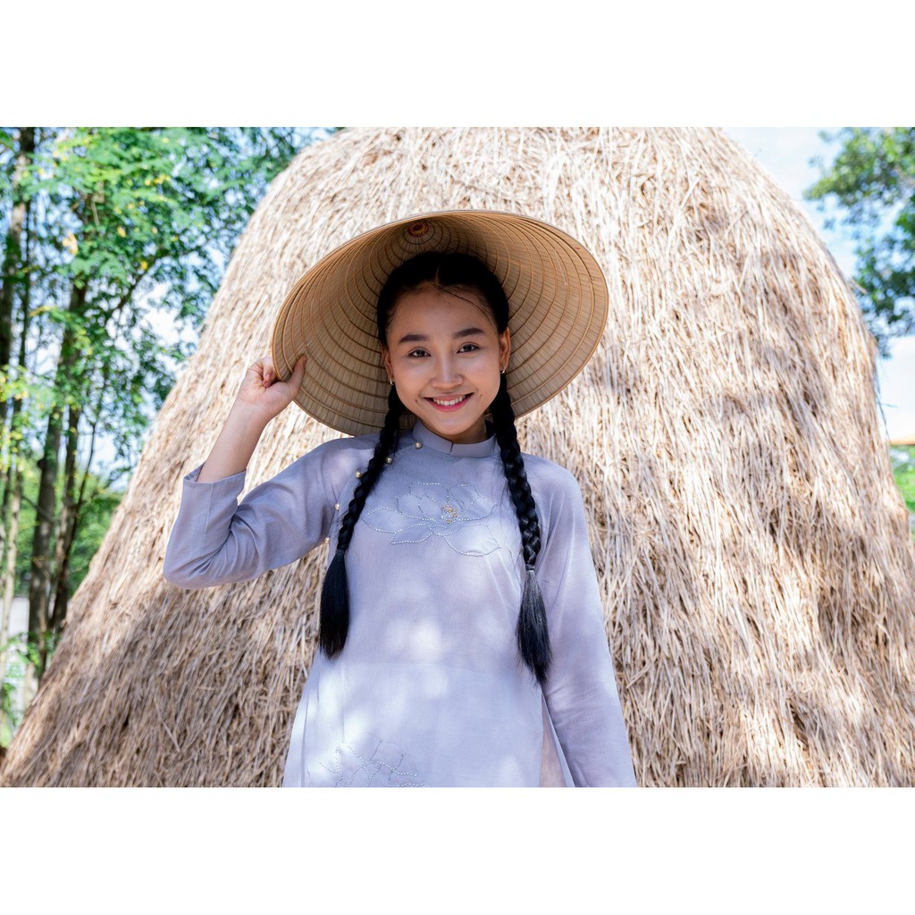 Bộ Áo Dài Xô Trúc Lam - Đính Cườm Hoa Sen / Lá Bồ Đề