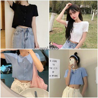 Áo Croptop Cổ Tim UMI Tay Ngắn Phối Nút Ulzzang (3 Màu)