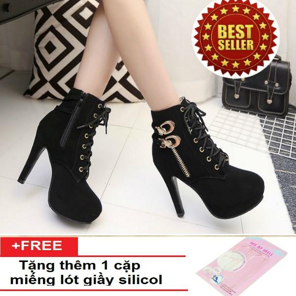 Combat boots cao gót thắt dây korea + tặng kèm bộ lót giày silicon (hàng nhập)